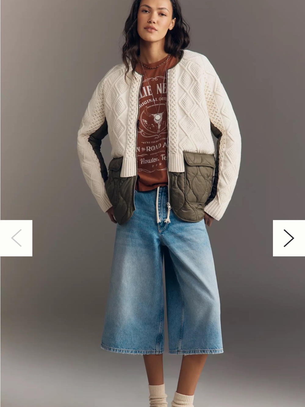 Anthropologie White Cable-Knit & Olive Quilted Mixed-Media Puffer Jacket